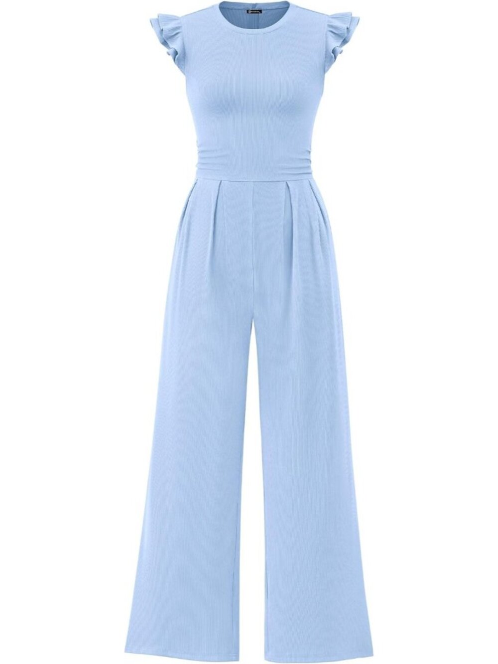 Women's Light Blue Crewneck Jumpsuits Cap Sleeve Ruffle Ribbed Wide Leg Romper